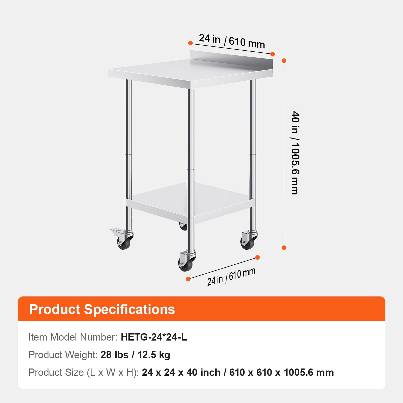 KFFKFF 24x24x40-Inch Metal Prep Table, Stainless Steel, with Wheels, Adjustable Height, Durable for Commercial Kitchen, Restaurant, Home Use