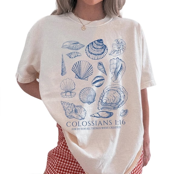 Christian Seashell Bible Verse Coastal Graphic Casual T-Shirt for Men and Women