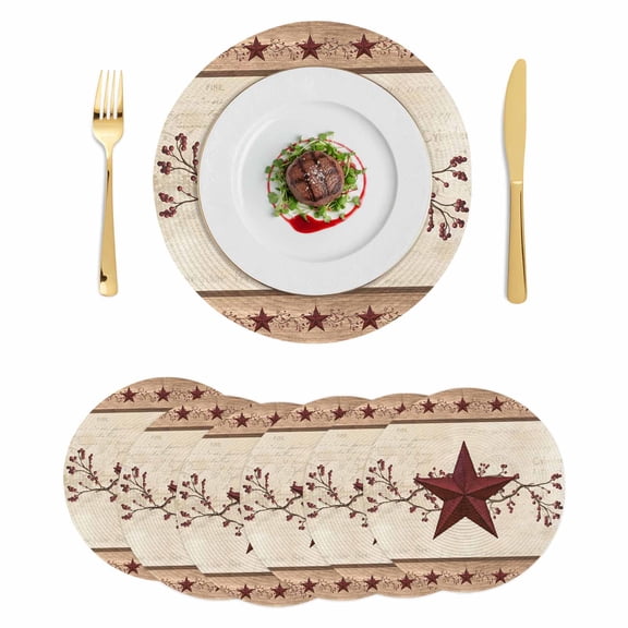 Red Texas Star Rustic Round 15 Inch Placemats Set of 6, Farmhouse Berry Brown Wooden HeatResistant Non Slip Place Mats for Dining Table, Wipeable Braided Kitchen Table Mats for Housewarming
