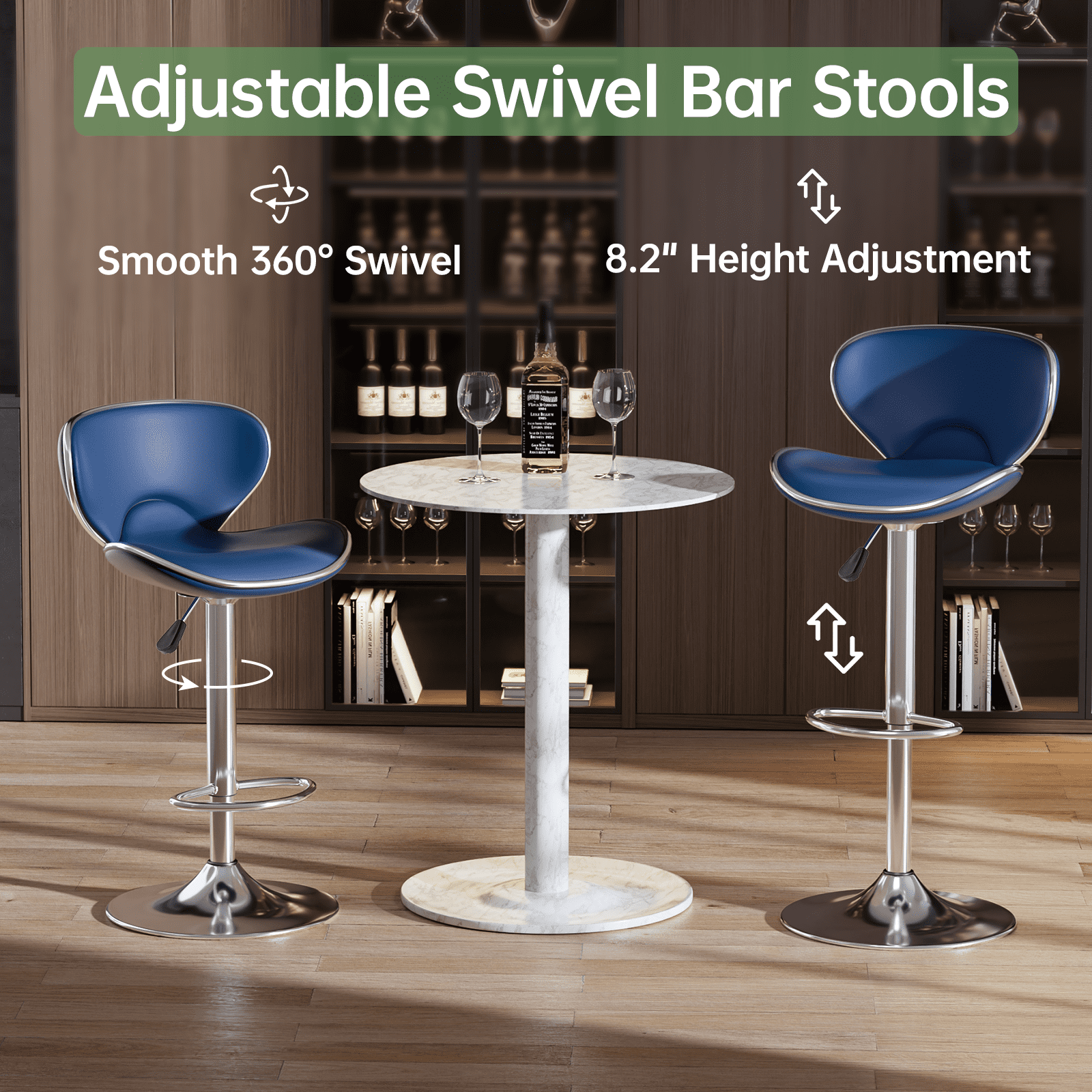 Bar Stools Set of 2, Adjustable Swivel Barstools, Modern PU Leather Counter Height Stools with Back and Footrest for Island, Dining, Bistro, Pub (Blue)