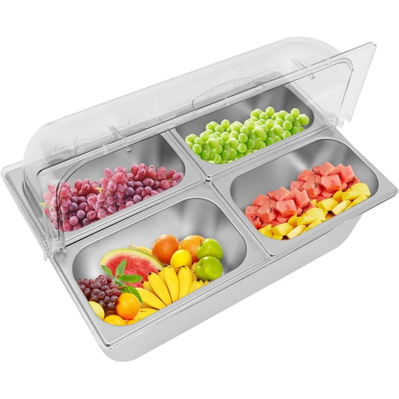 Countertop Ice Food Serving Display Container Condiment Dispenser with Lid Stainless Steel Serving Tray with 4 Clips,4 Spoons and 3 Water Bags for Restaurant Kitchen