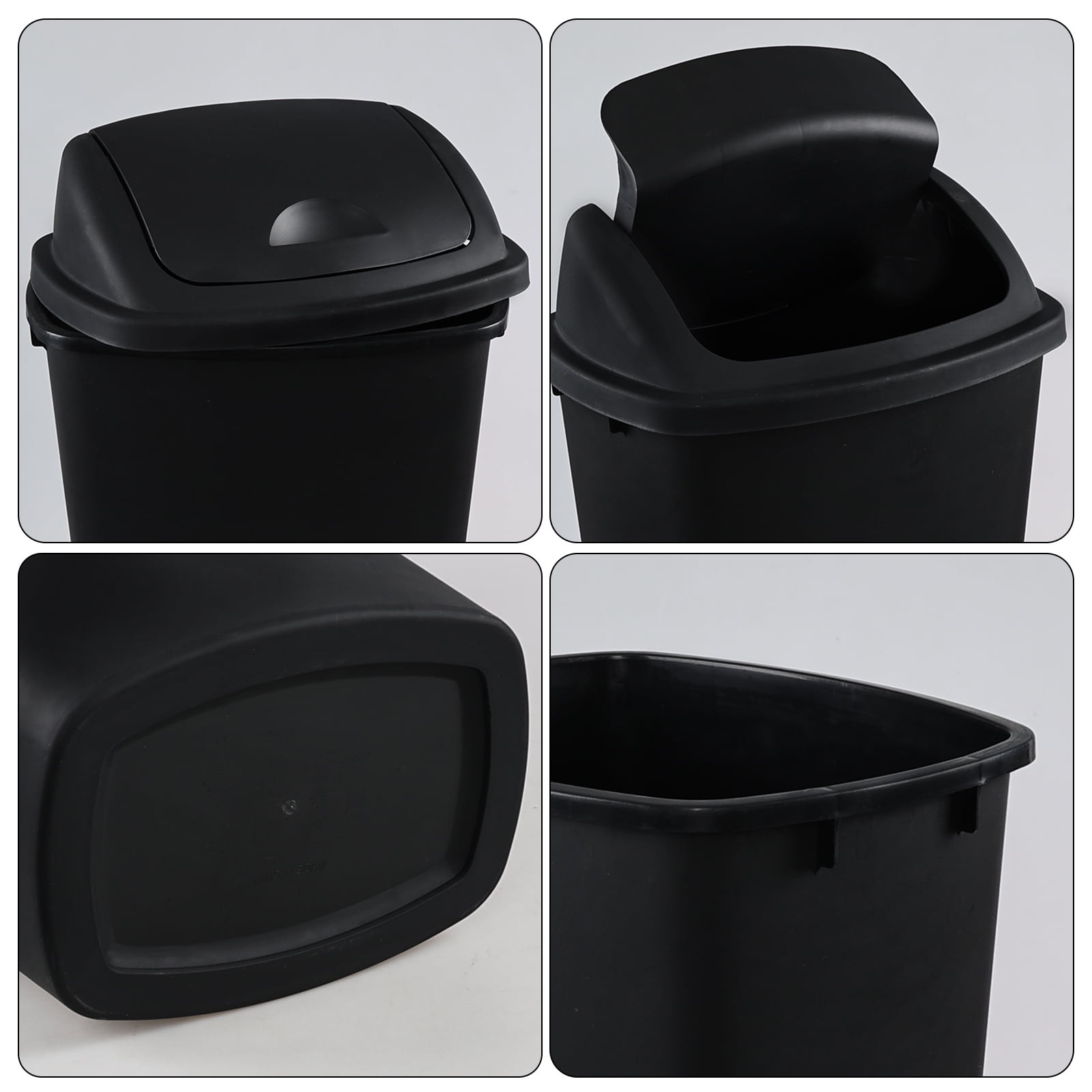 Xowine 13 Gallon Plastic Swing Top Trash Container, 4 Pack Black Plastic Trash Can with Lid for Kitchen