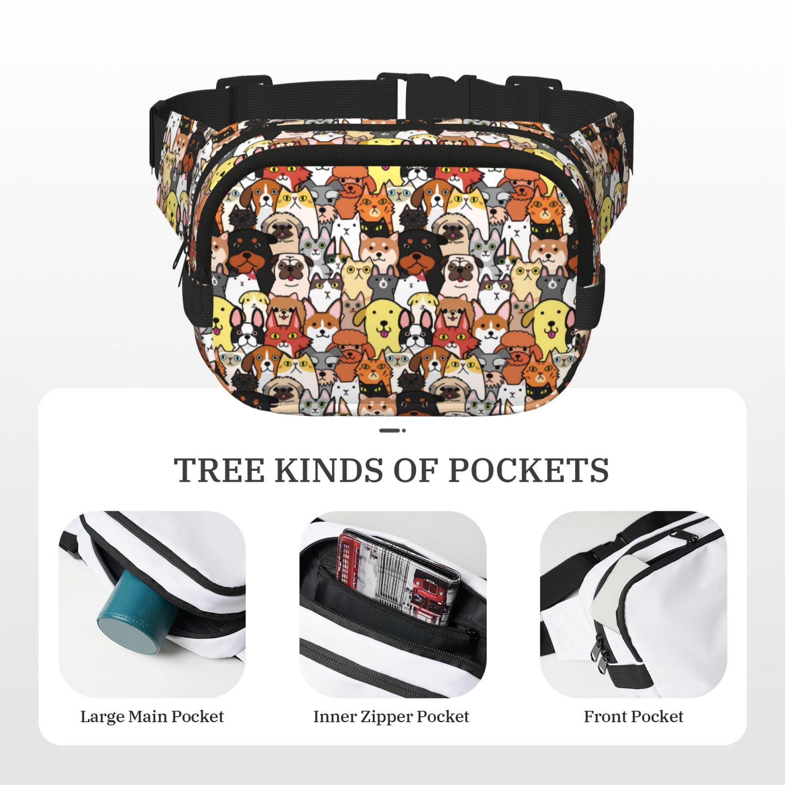 Picia Cats & Dogs Group Print Square Double-Layer Waist Bag Mini Adjustable Waist Belt Bag Exercise Running Travel Hiking