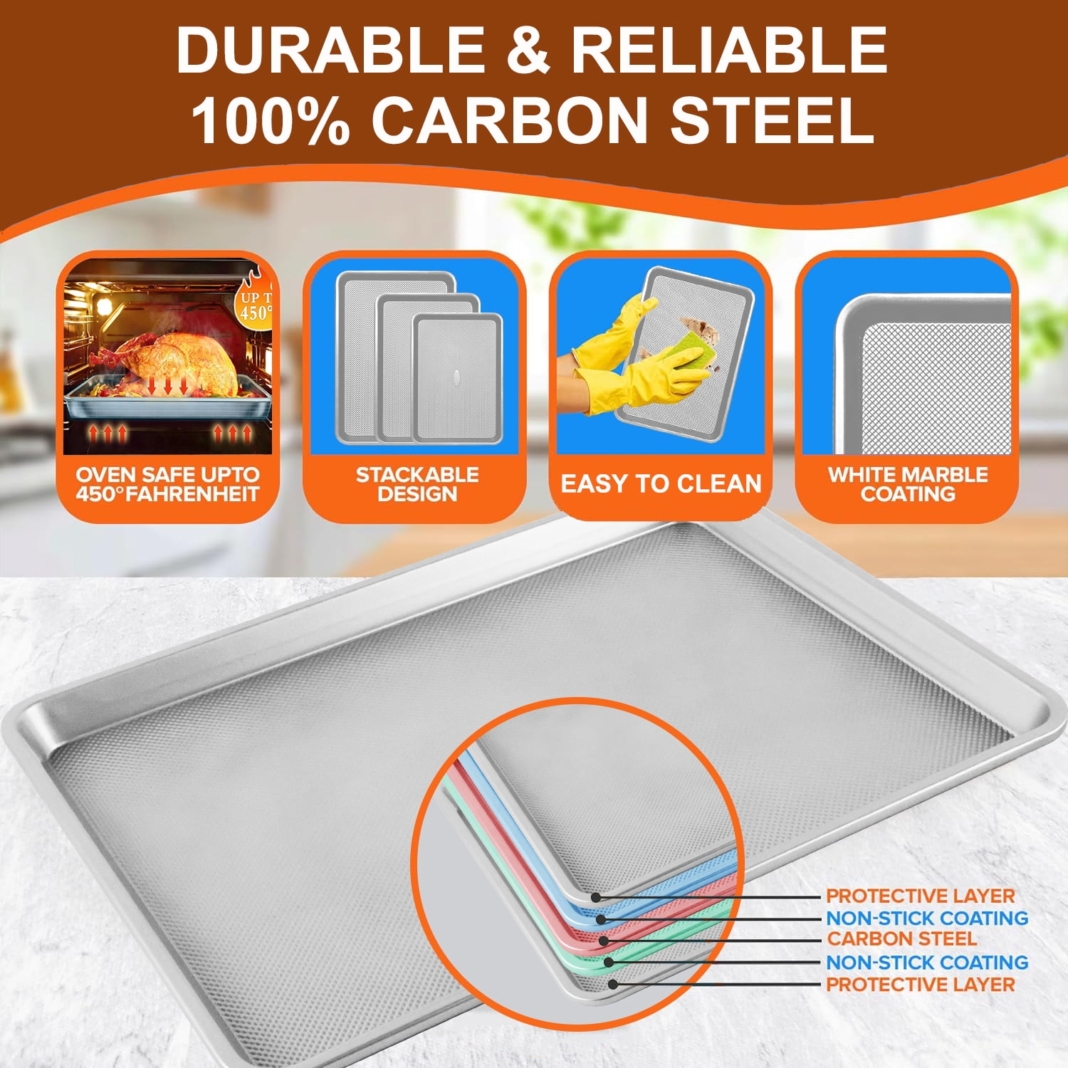 Bakdcore Baking Sheet Set of 3, Cookie Sheet Baking Sheet Pan, 18/15/13 Inch, Non Stick Heavy Duty Thick 0.8 Mm Baking Sheet, Stackable Design for Roasting, Baking & Toasting