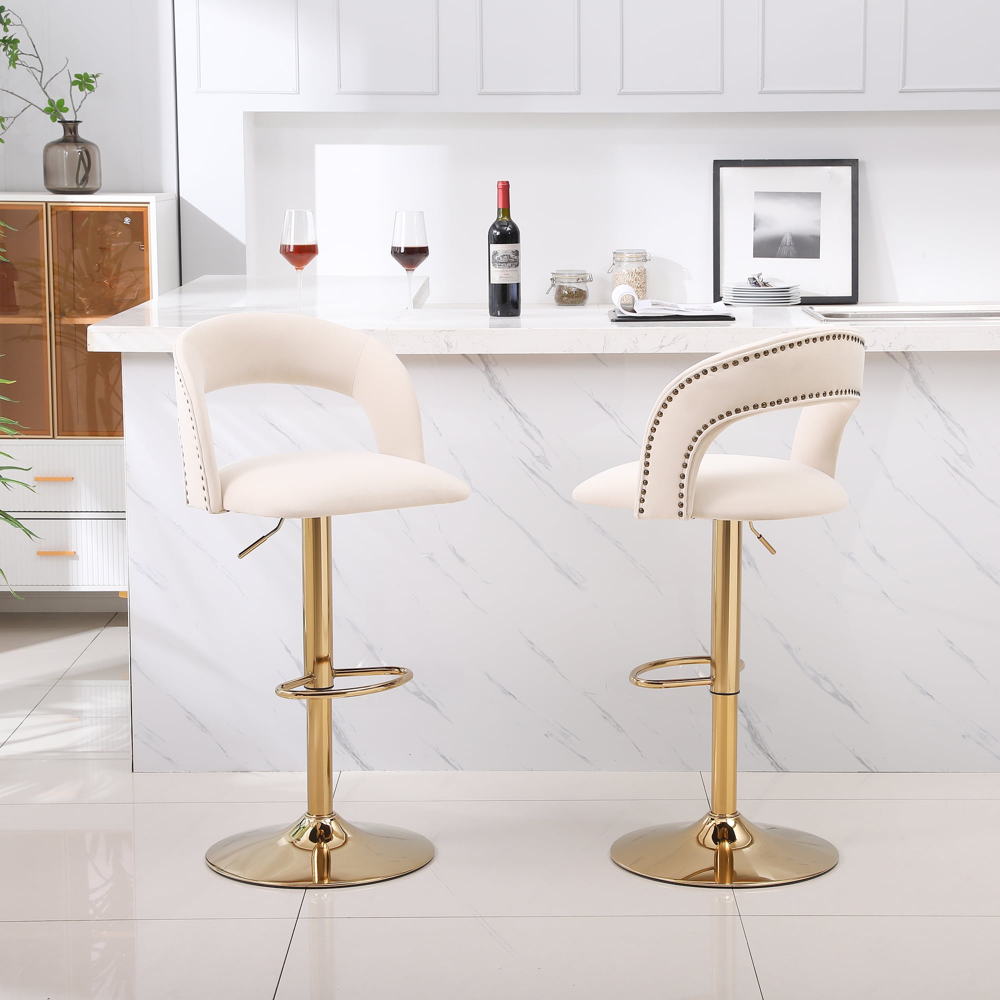 Kadyn Adjustable Tufted Swivel Bar Stool with Back& Footrest for Home, Beige, Set of 2