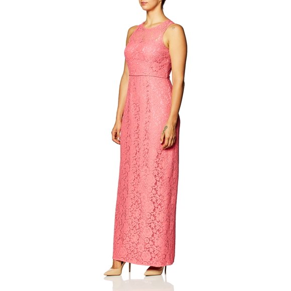 Donna Morgan Women's Harper Long Lace Illusion Gown, Watermelon, 0