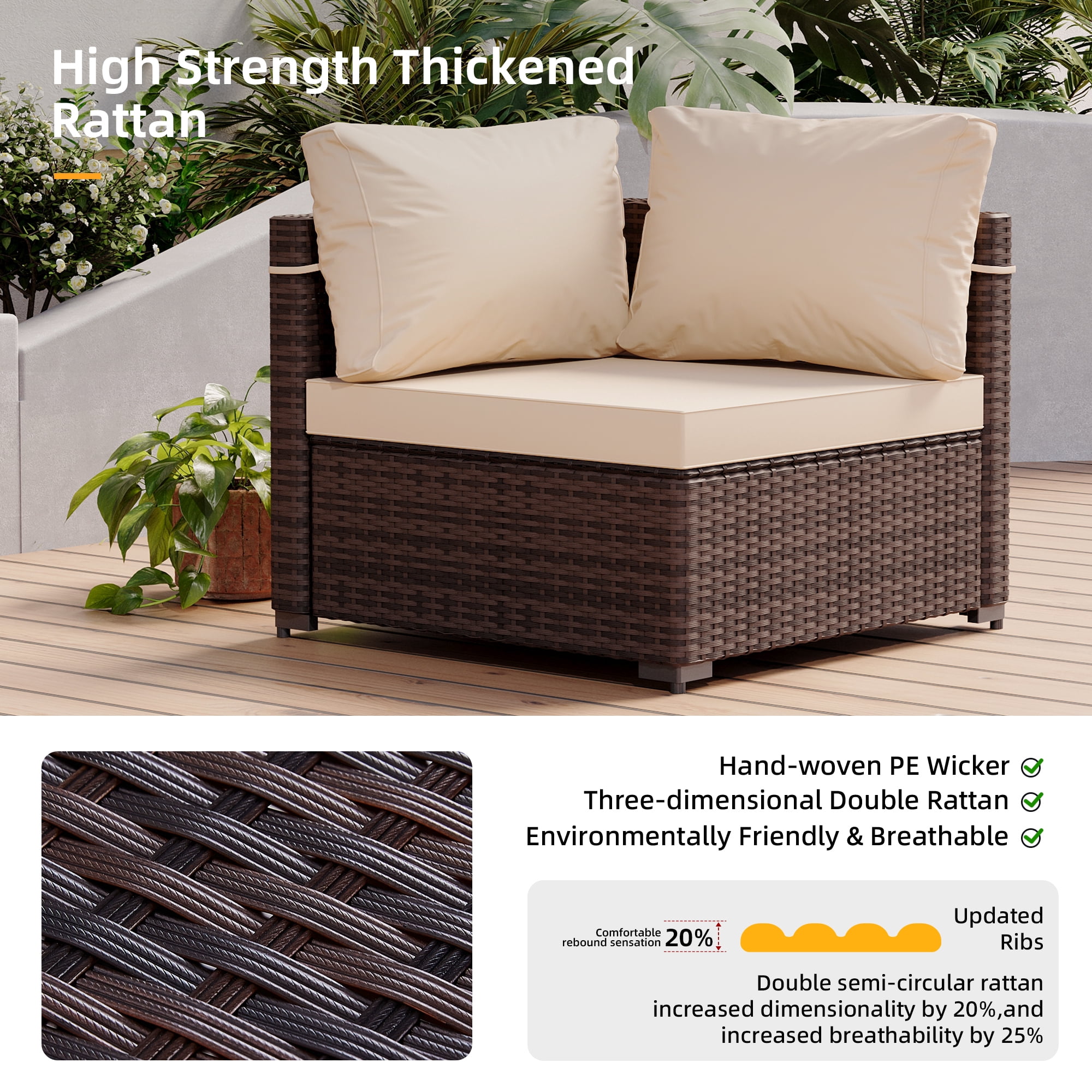UPHA 5 Pieces Outdoor furniture Sets Patio Sectional Couch Wicker Conversation Sofa for Pools Outside, Gardens, Decks, Brown Rattan, Beige Cushion