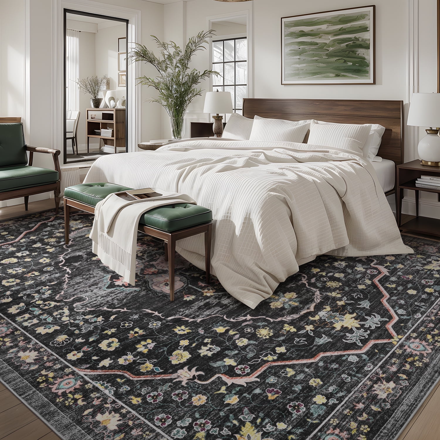 VUNATE 9'x12' Area Rugs for Living Room Washable Rugs Floral Vintage Area Rug Botanical Indoor Carpet Soft Rugs for Bedroom Office Dining Room Kitchen Accent Rug Contemporary Home Decor Black
