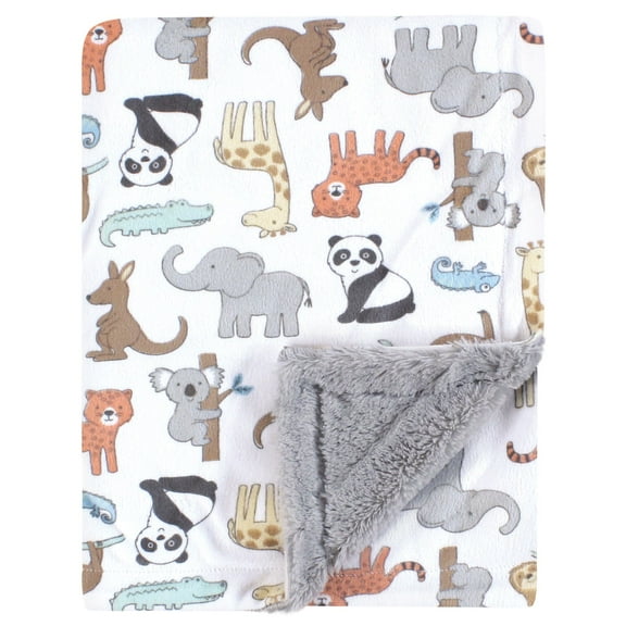 Hudson Baby Plush Blanket with Furry Binding and Back, Zoo Animals, One Size