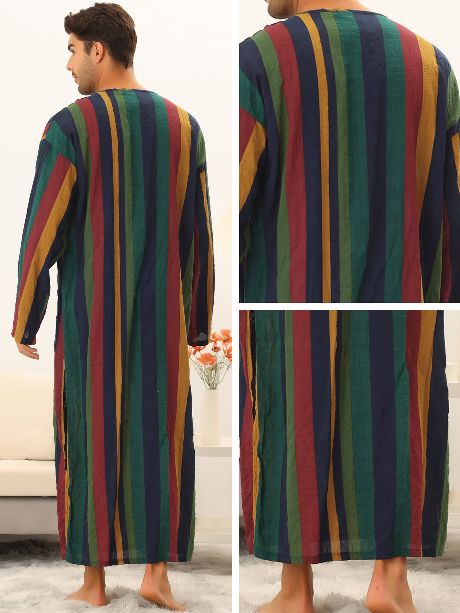 Unique Bargains Men's Striped Nightshirt Long Sleeves Button Nightgown Henley Shirts S Multicolor