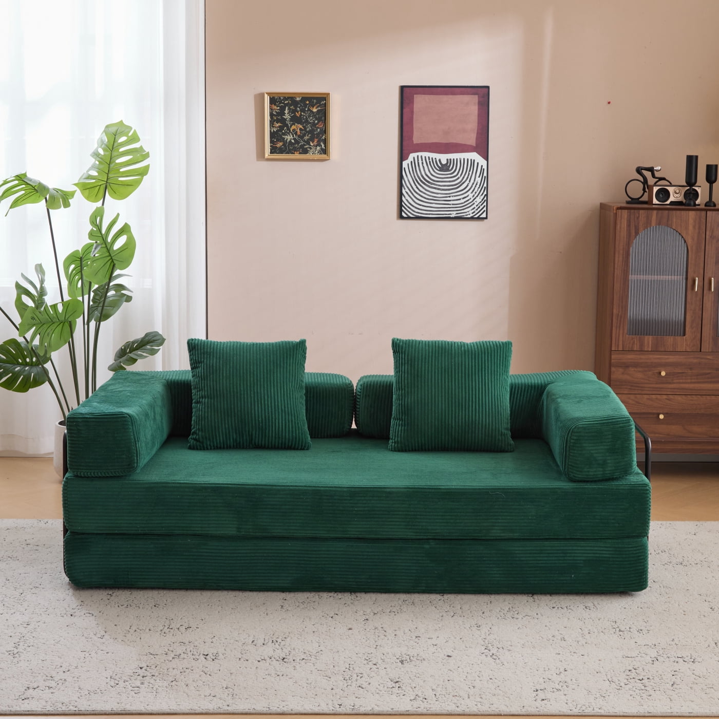Jopath 76 Inch Convertible Sleeper Sofa Bed,Folding Floor Mattress Couch with Fixed-Shape Frame,Futon Boneless Couch Lounge Loveseat with Pull Out Bed, No Assembly Required,Dark Green+Corduroy