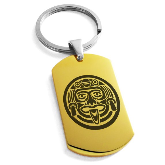 Stainless Steel Aztec Mask Rune Engraved Dog Tag Keychain Keyring