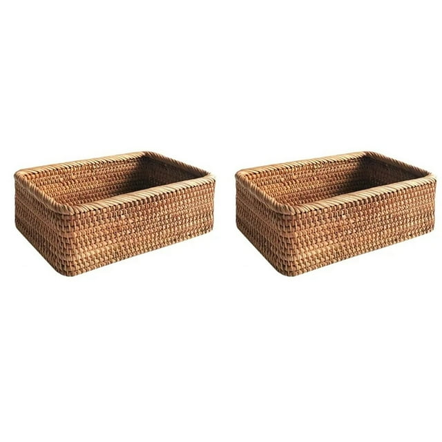 2X Cesta de Mimbre Tejida A Mano, Cesta Rectangular para Frutas, Té y Pan, Caja de Almacenamiento para Cosméticos