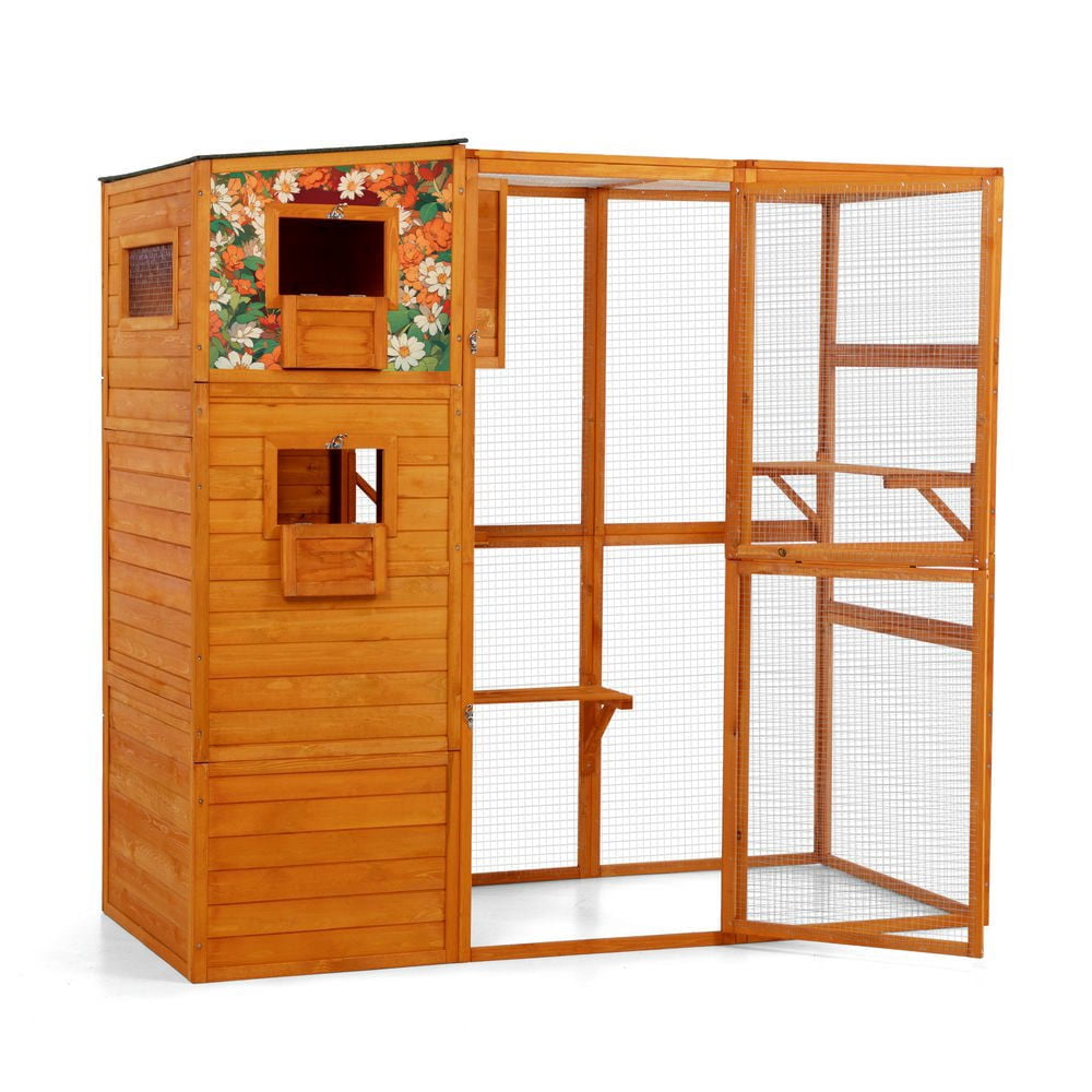 Resenkos Tall 70" Outdoor Cat Catio, 4-Level Windowed Cat Enclosure, Weatherproof Roof, 2 Cozy Rooms, 2 Platforms, Orange With Colorful Patterns