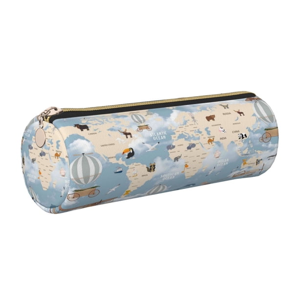 Easygdp Animals Travel World Map para Estuche de Lápices Cilíndrico de Cuero con Cremallera, Organizador de Lápices de Cuero para Escuela, Oficina y Viajes