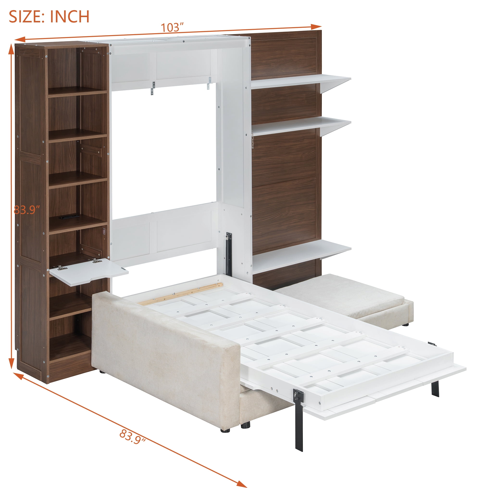 Twin Size Murphy Bed with SOpen Shelf, USB Port, L Shape Sofa, Space-Saving for Small Space, Guest Room