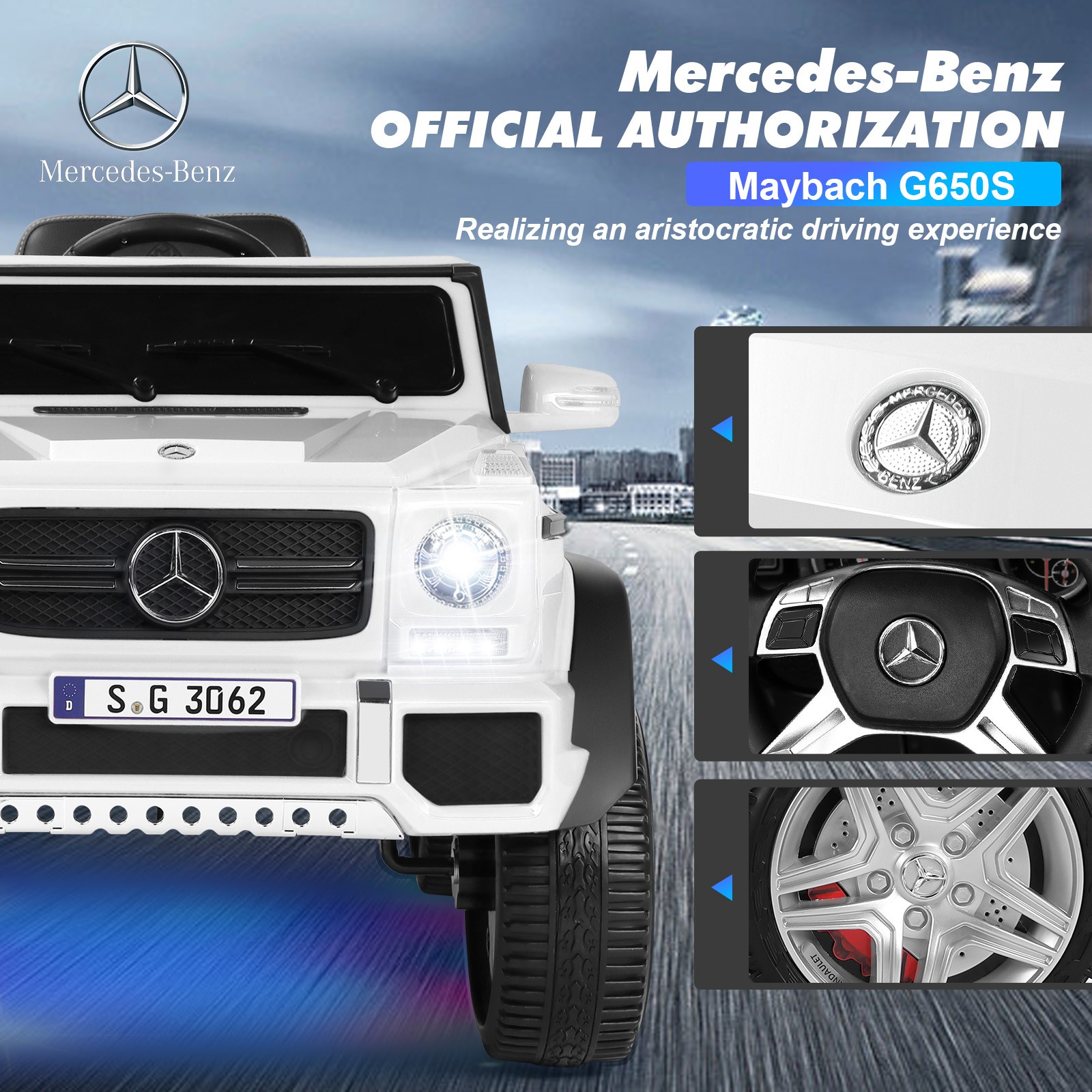 JOYLDIAS 12V Powered Electric Ride on Car Licensed Mercedes-Benz G650S for Kids with Remote Control, 2 Motors, 3 Speeds, Lock, Music, Horn, LED Light (white)