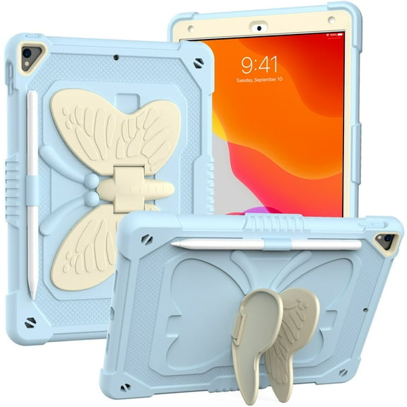 Case For Apple iPad Pro (11 inch) 2024 Butterfly Wings Kickstand Tough 3in1 Hybrid with Pencil Holder Rugged Shockproof with Shoulder Strap Tablet Cover [ Light Blue ]