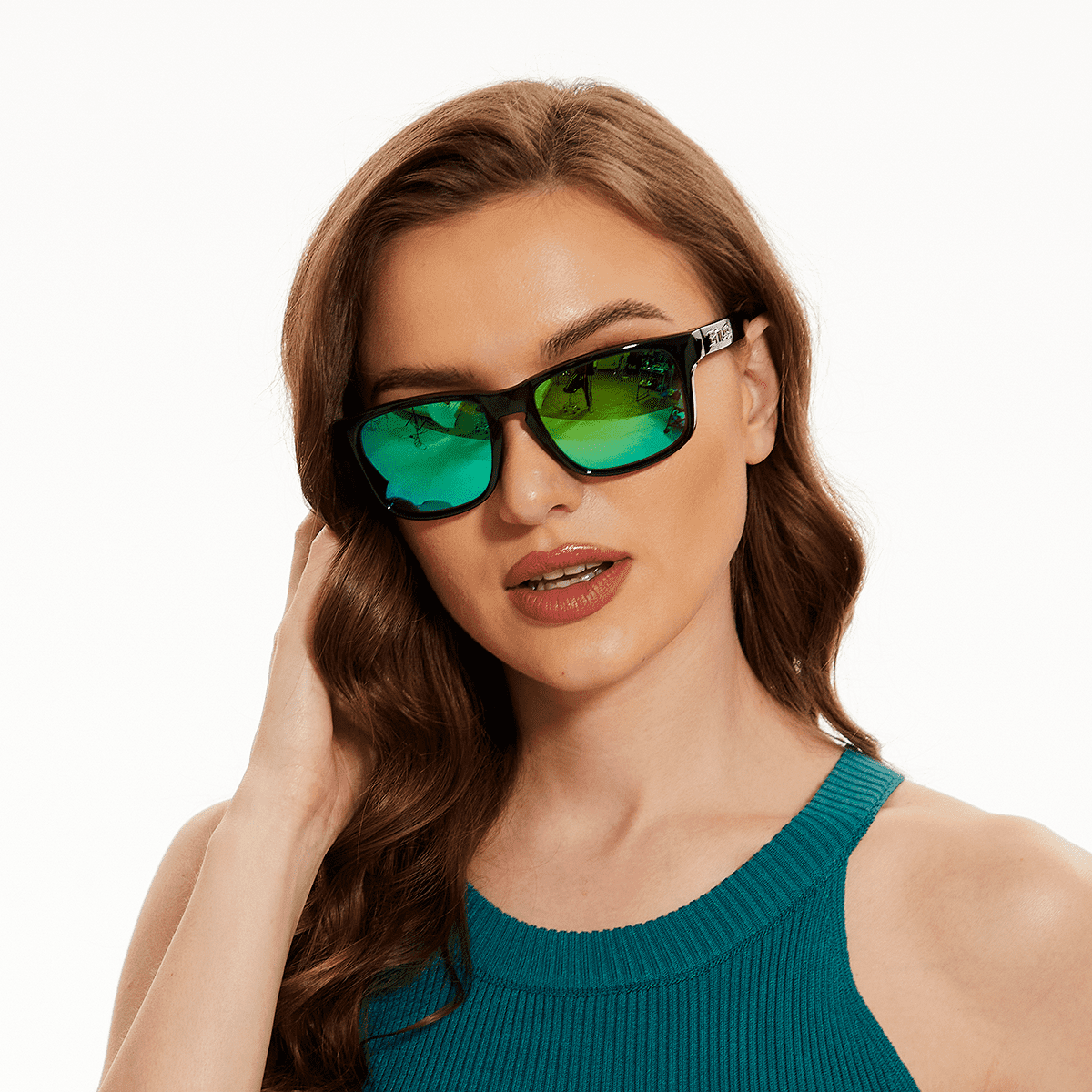B.N.U.S Polarized Sunglasses for Women Men Corning Real Glass Lenses with Spring Hinges Shiny Black / Green Mirrored Lenses