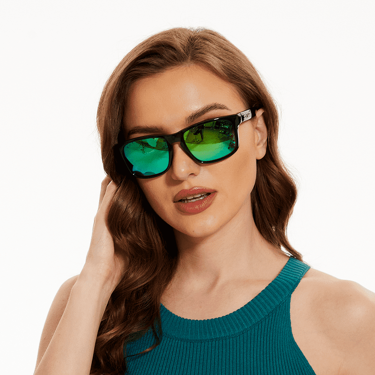 B.N.U.S Polarized Sunglasses for Women Men Corning Real Glass Lenses with Spring Hinges Shiny Black / Green Mirrored Lenses, Adult Unisex, Size: One