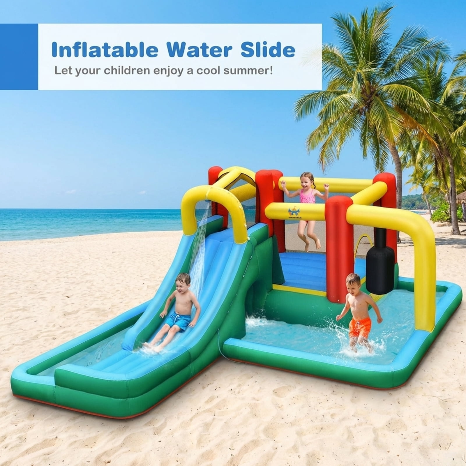 Redsmile Inflatable Water Slide Climbing Bounce House with Tunnel and Pendulum for Kids Aged 3-10 Outdoor Backyard Fun - Blue Yellow Red