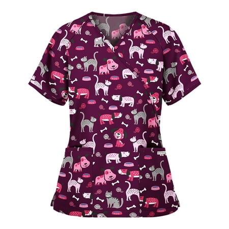 

QAZXD Womens Summer Tops Floral V-Neck Short Sleeve Scrub Tops with Two Pockets Blouse Purple 3XL