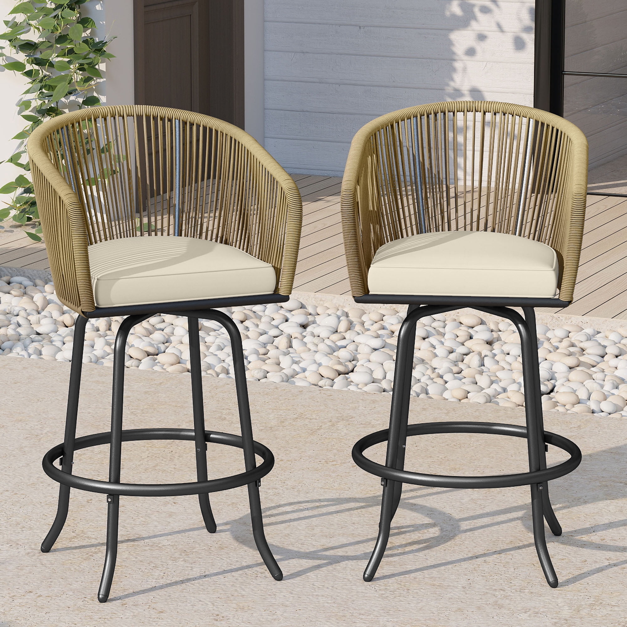 Uforic Set of 2 Beige 360° Swivel Outdoor Bar Stools, Woven Patio Chairs with Cushions & Footrests