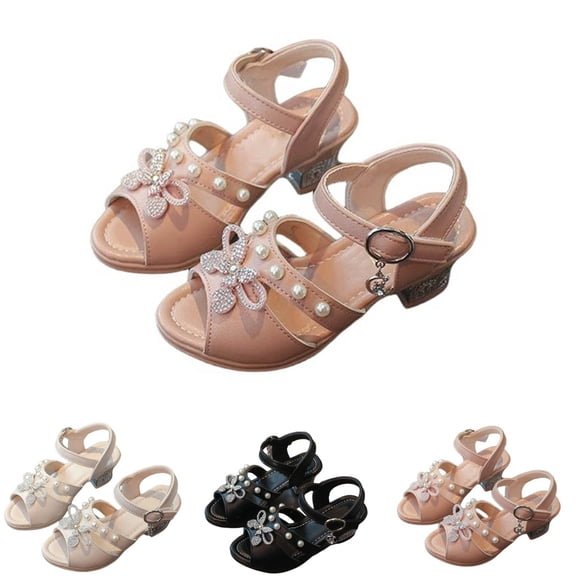 SGFCWSX Girls Dress Sandals Kids Pearl Rhinestone Bow Ankle Strap Low Heel Open Toe Wedding Party Shoes Pink Size 1 Big Kids