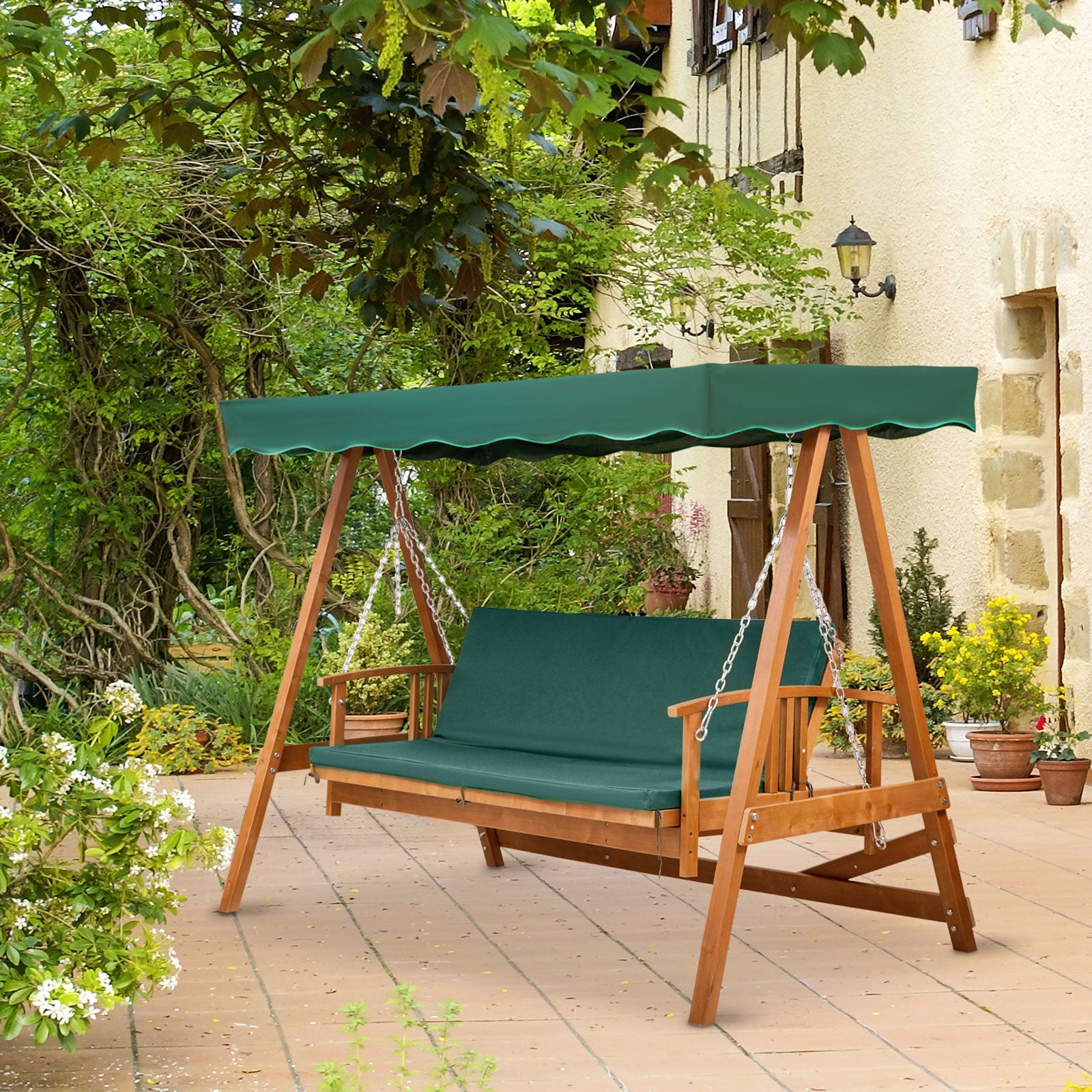 Outsunny 3 Seater Hardwood Reclining Swing Chair with Adjustable Back Green Walmart
