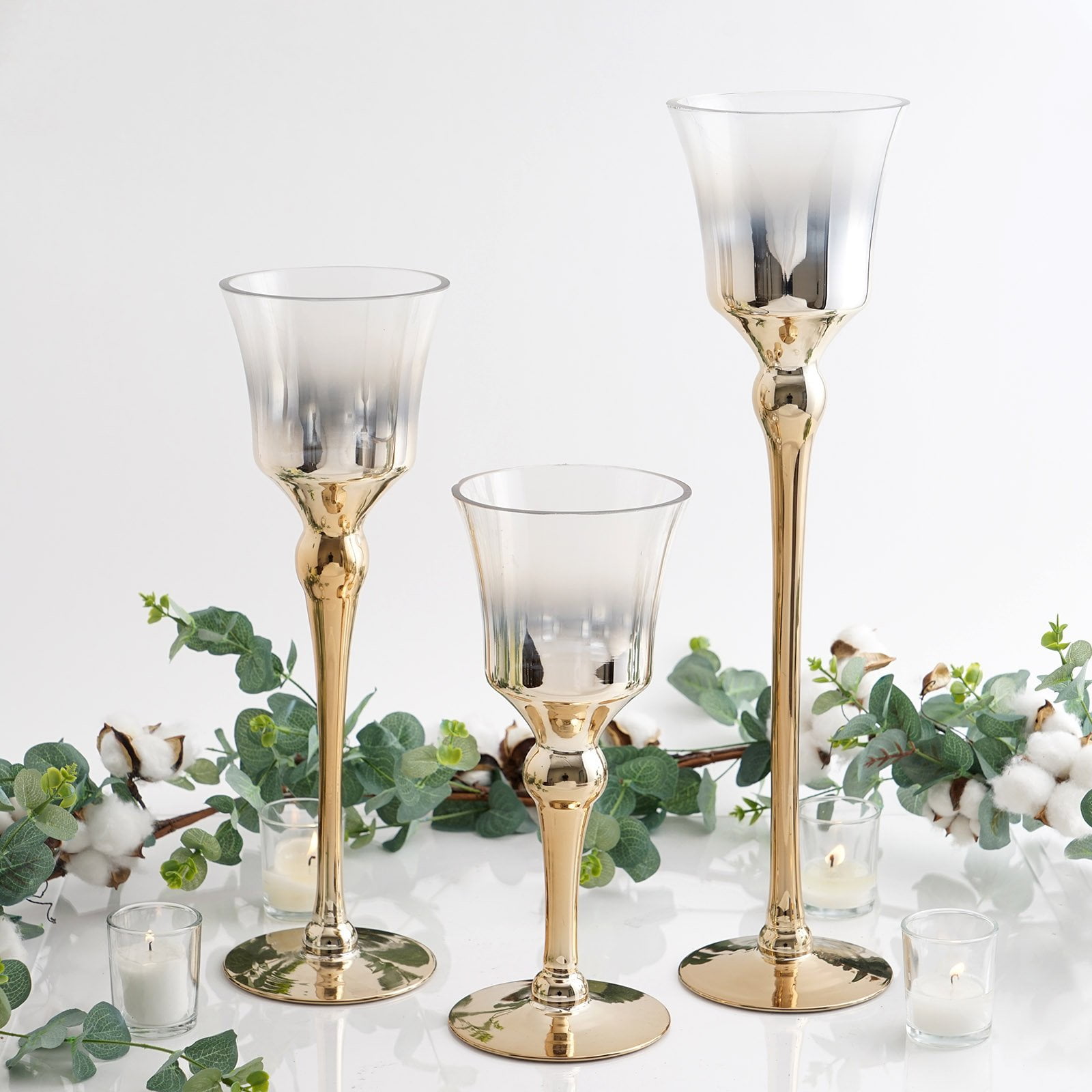 Efavormart Set of 3 Chrome Finished Long Stem Candle Holders With