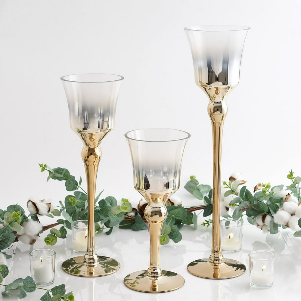 Efavormart Set of 3 Chrome Finished Long Stem Candle Holders With Glass 20" 16" 12
