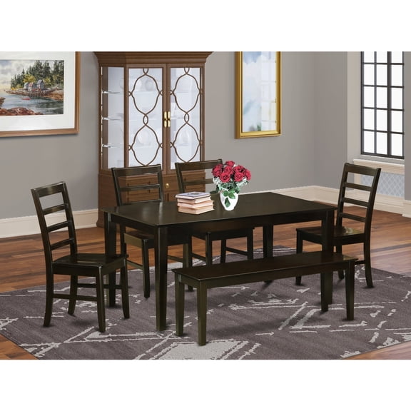 East West Furniture 6 Piece Dining Table Set- a Kitchen Table and 4 Dining Chairs with a Bench, Cappuccino (Seat Options) CAPF6-CAP-W