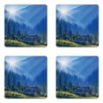 thumbnail image 1 of Rustic Coaster Set of 4, Mountain Village Ukraine Rising Sun Pine Trees Forest Wooden House Nostalgic Photo, Square Hardboard Gloss Coasters, Standard Size, Green Blue, by Ambesonne, 1 of 2