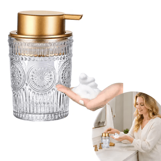Glass Foaming Hand Soap Dispenser, Clear Embossed Foam Pump Bottle, Refillable Glass Foaming Soap Dispenser for Bathroom and Kitchen Countertop