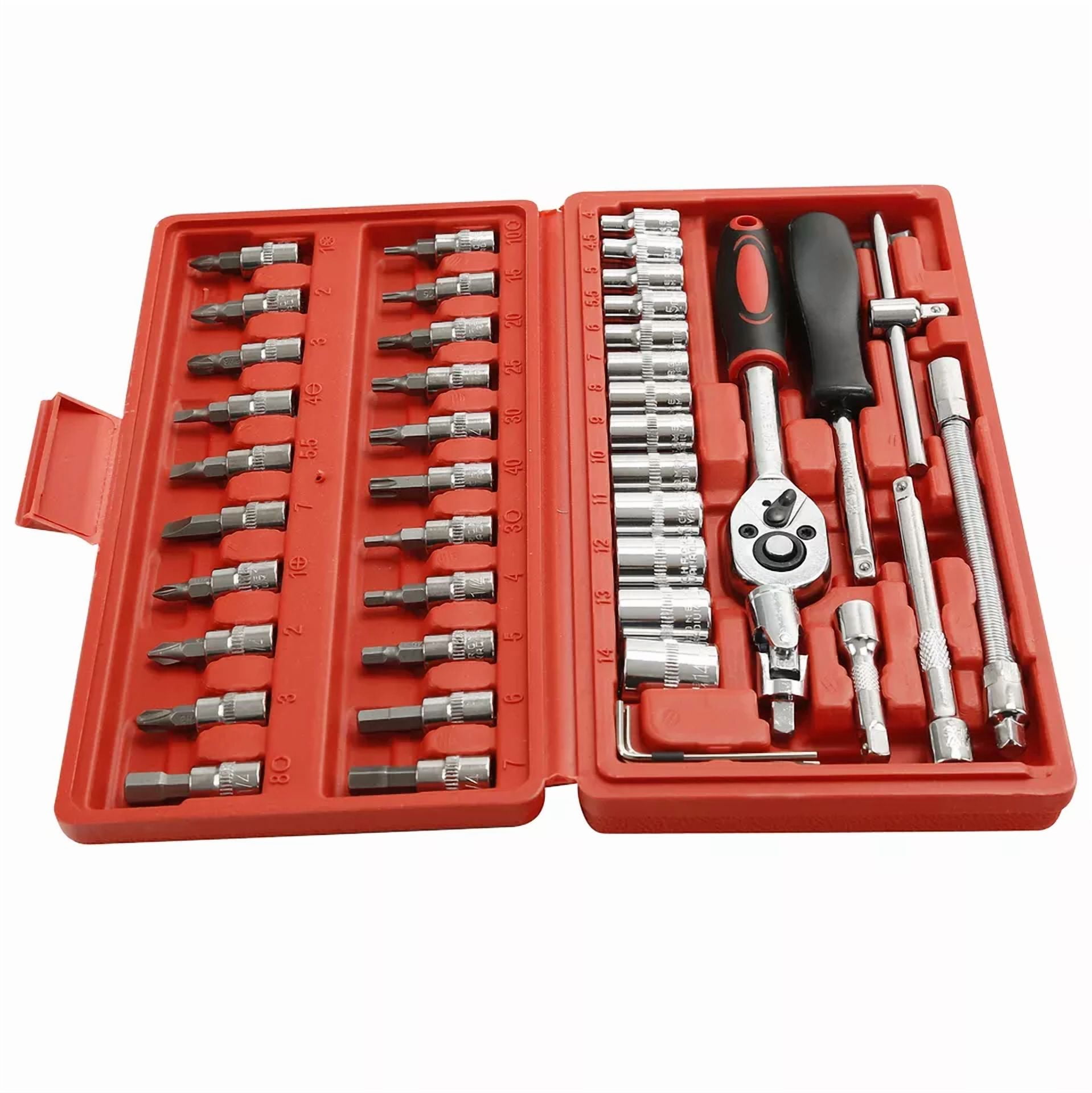 CRESTIN- 46Pcs 1/4"Socket Ratchet Wrench Set Mechanical Tool Kit For Household Car Repair