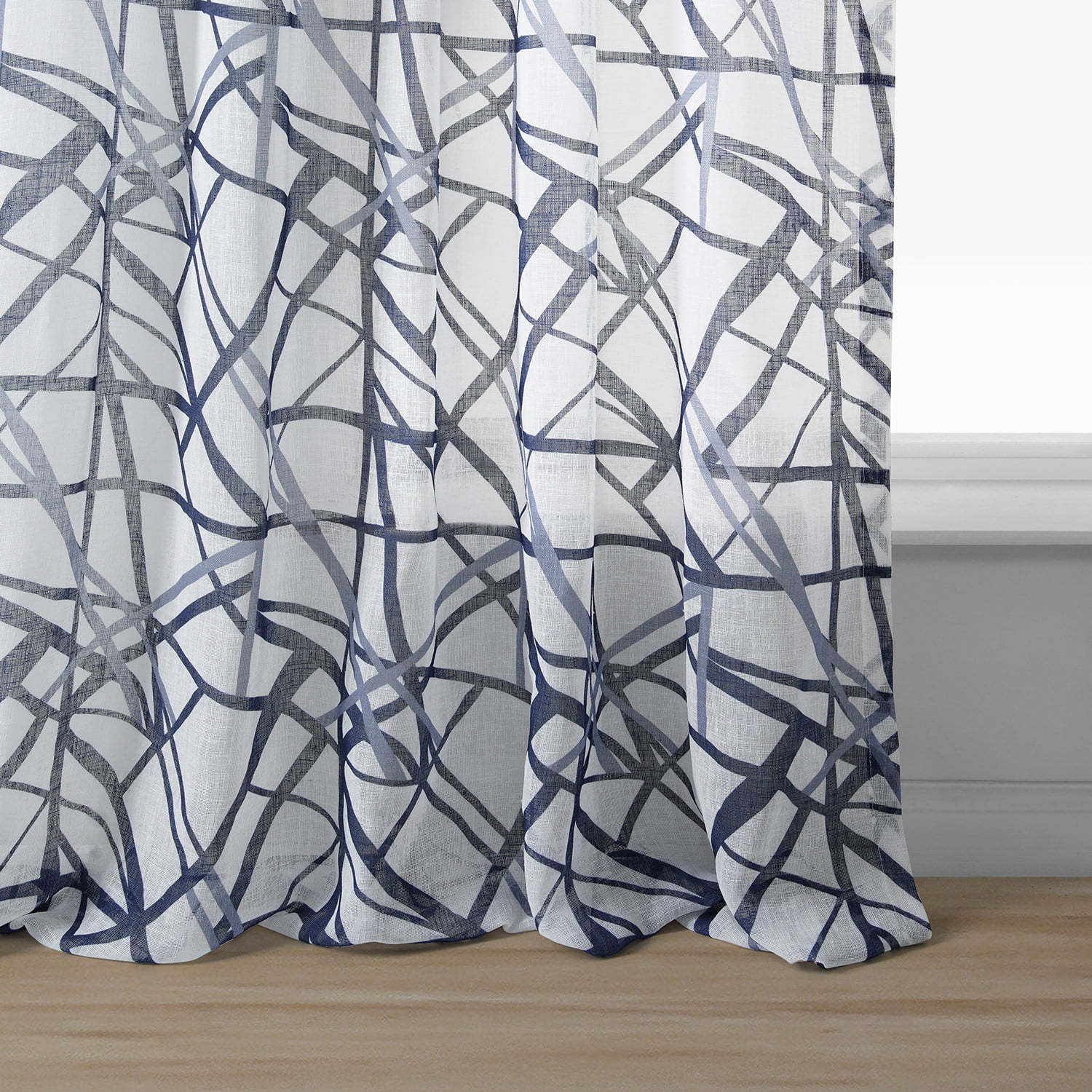 Matrix Blue Printed Faux Linen Sheer Curtain (1 Panel), Matrix Blue, 50W X 96L