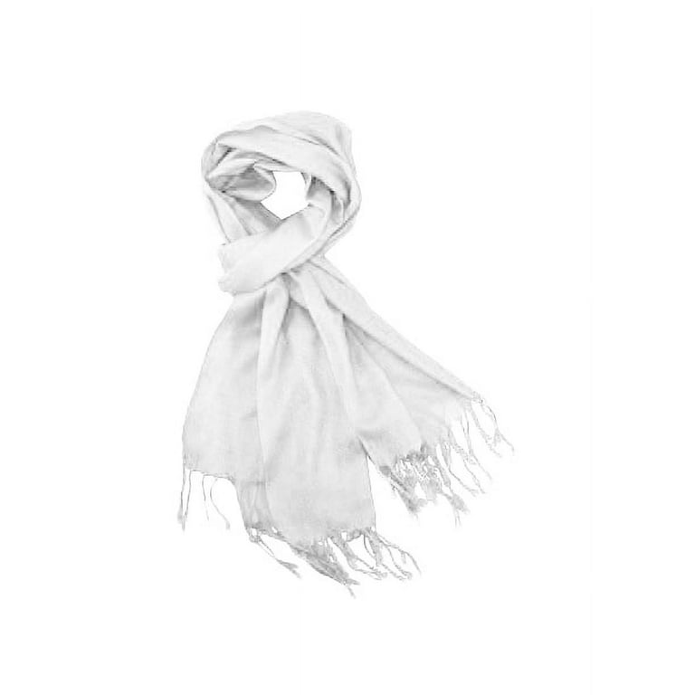 Oussum Long White Pashmina Silk Scarf for Women, Solid Fashion