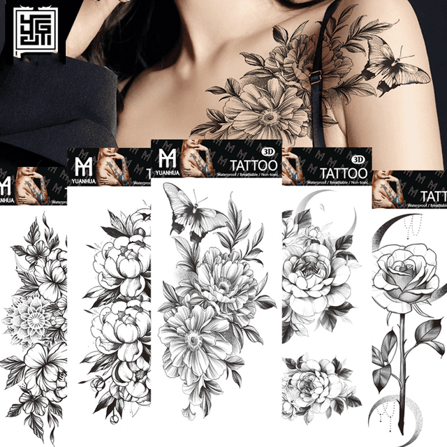 Tatuaje temporal femenino, pegatina de tatuaje de flor falsa para adultos, semi