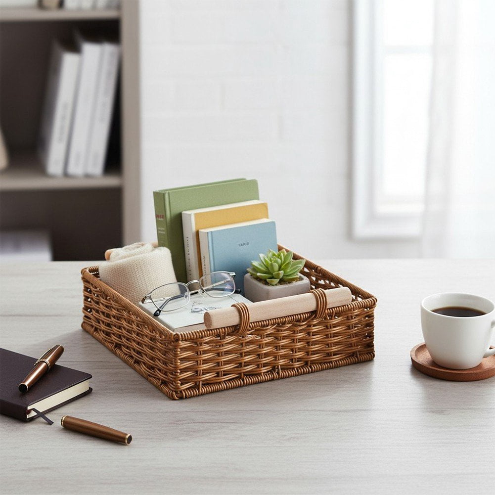 Hzzsbu Rattan Basket Handmade Woven Storage Baskets with Wooden Handle Rectangular Woven Baskets for Kitchen, Shelves