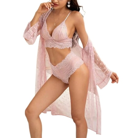 

Frontwalk Ladies Lingerie Set 3 Pieces Bodysuit Long Sleeve Cardigan Transparent Teddy Babydoll Solid Color Women Bra Spaghetti Straps Plain Deep V Neck Pink S