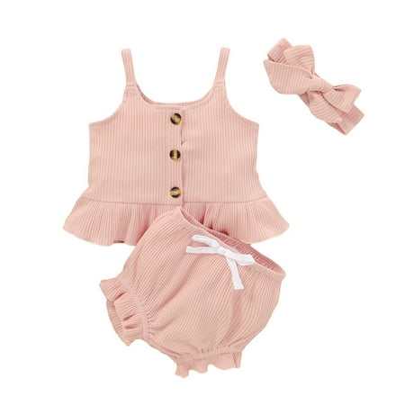 

LEIWAO Outfits For Child Infant Baby Girls Ruffles Solid Suspender Tops+Shorts+Headband Outfits Litter Girls Outfit Set Fashion Clothes Set