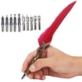 thumbnail image 1 of Retro Carving Feather Pen Set, Stainless Steel Dip Pencil Kit With 10 Replacement Nibs, Luxury Vintage Signature Pen  For Signature Gift Table Decoration, 1 of 8