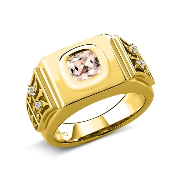 Gem Stone King 18K Yellow Gold Plated Silver Men's Ring Cushion Peach Morganite and Moissanite (1.91 Cttw, Size 8)