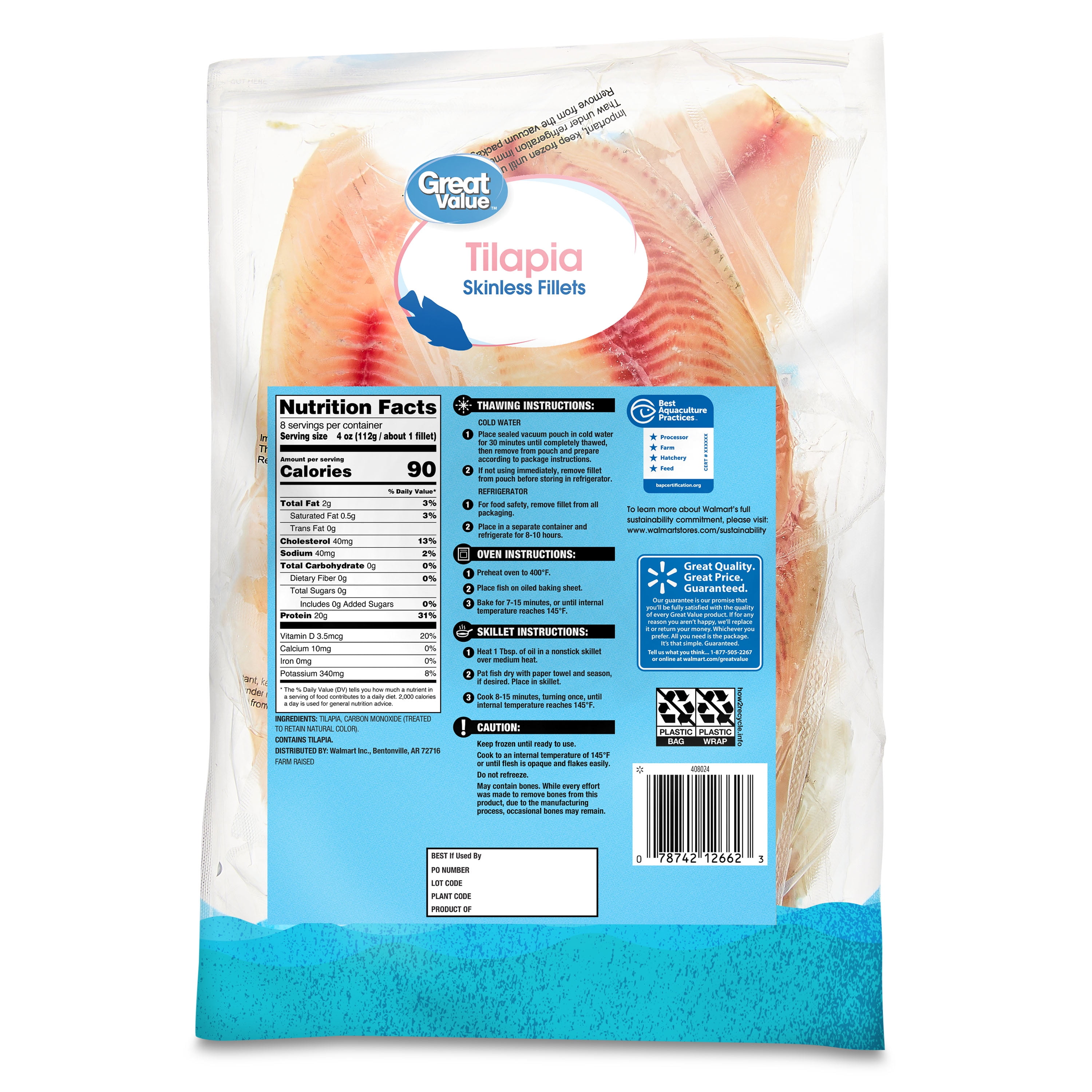 Great Value Frozen Tilapia Skinless & Boneless Fillets, 2 lb Bag