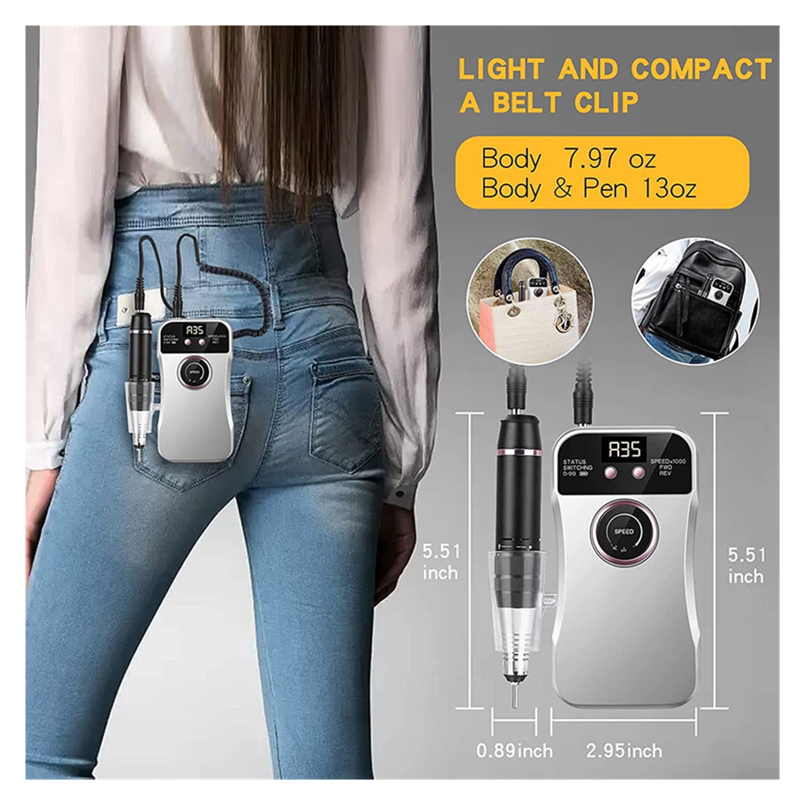 Professional 35000RPM Electric Nail Drill Machine for Acrylic Nails USB Portable Nail Manicure Pedicure for Remove Gel Polishing ,Low Noise