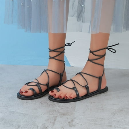 

〖Yilirongyumm〗 Black 39 Sandals Women Ladies Fashion Summer Leather Thin Strap Combination Toe Flat Ankle Strap Sandals