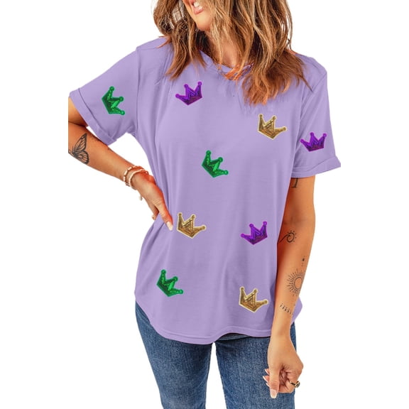 Women's Wisteria Mardi Gras Crown Patched Graphic T-Shirt - Casual Summer Tee | [ZhiHiMeRi] | (US 20-22)2XL