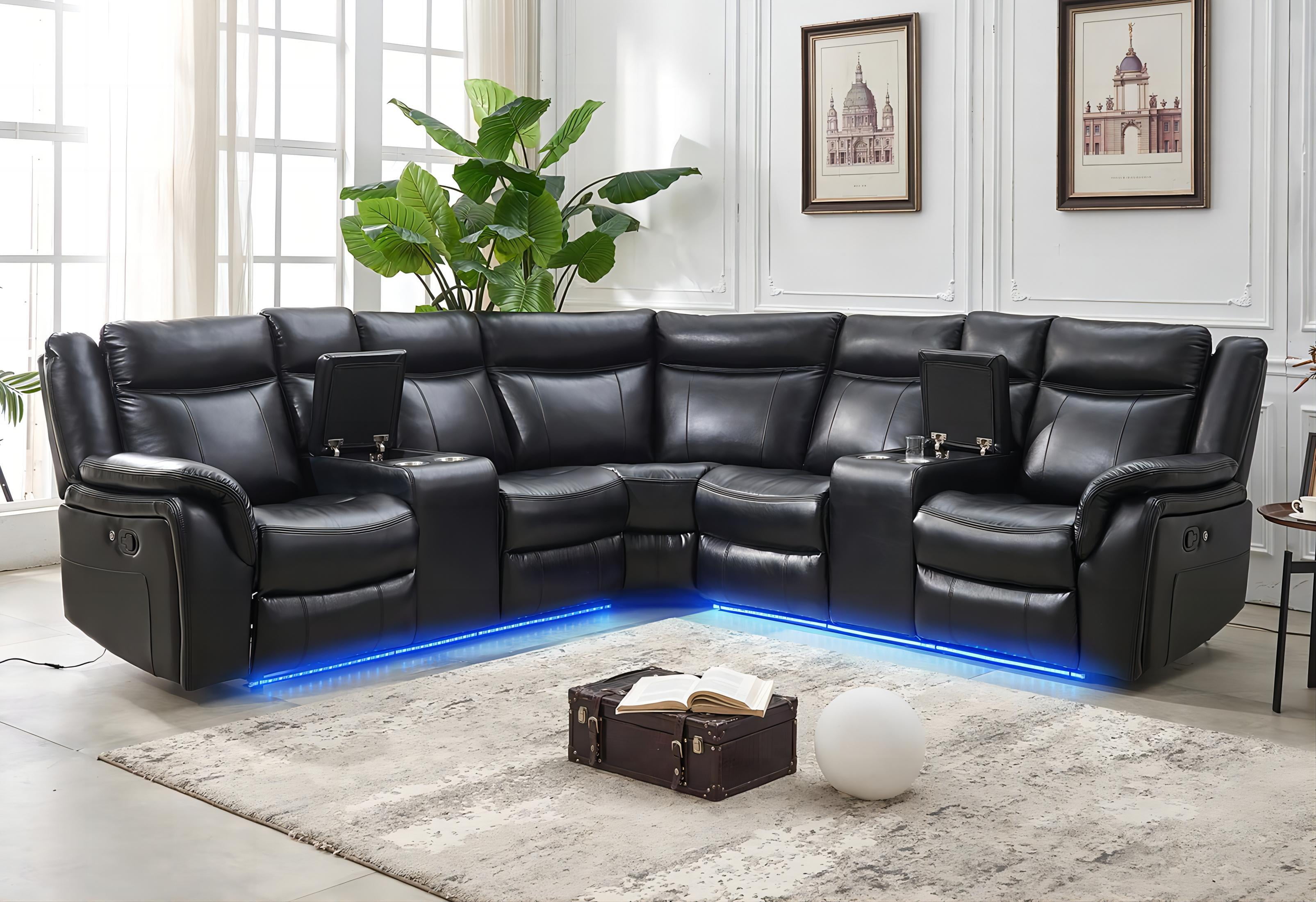 Comfort Stretch Manual Recliner Sofa Sets with LED Lights,Faux Leather Reclining Sectional Couch for Living Room Furniture Sets with USB Port,Storage Console Cup Holders Black