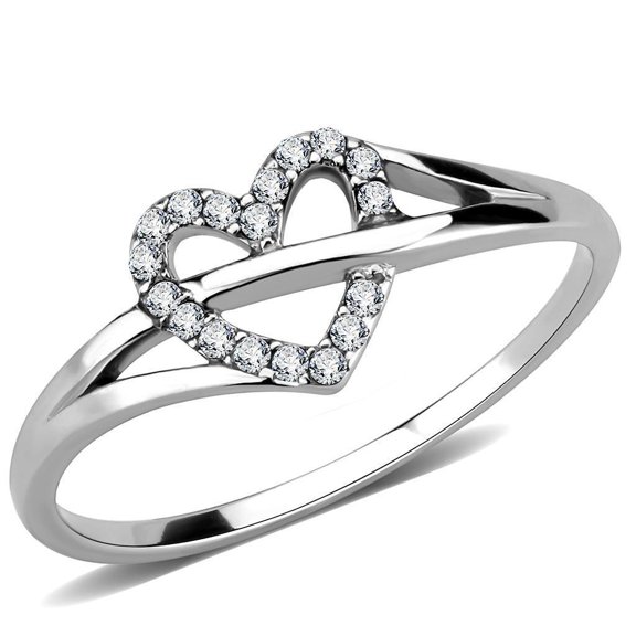 Womens Silver Rings High polished (no plating) 316L Stainless Steel Ring with AAA Grade CZ in Clear DA259