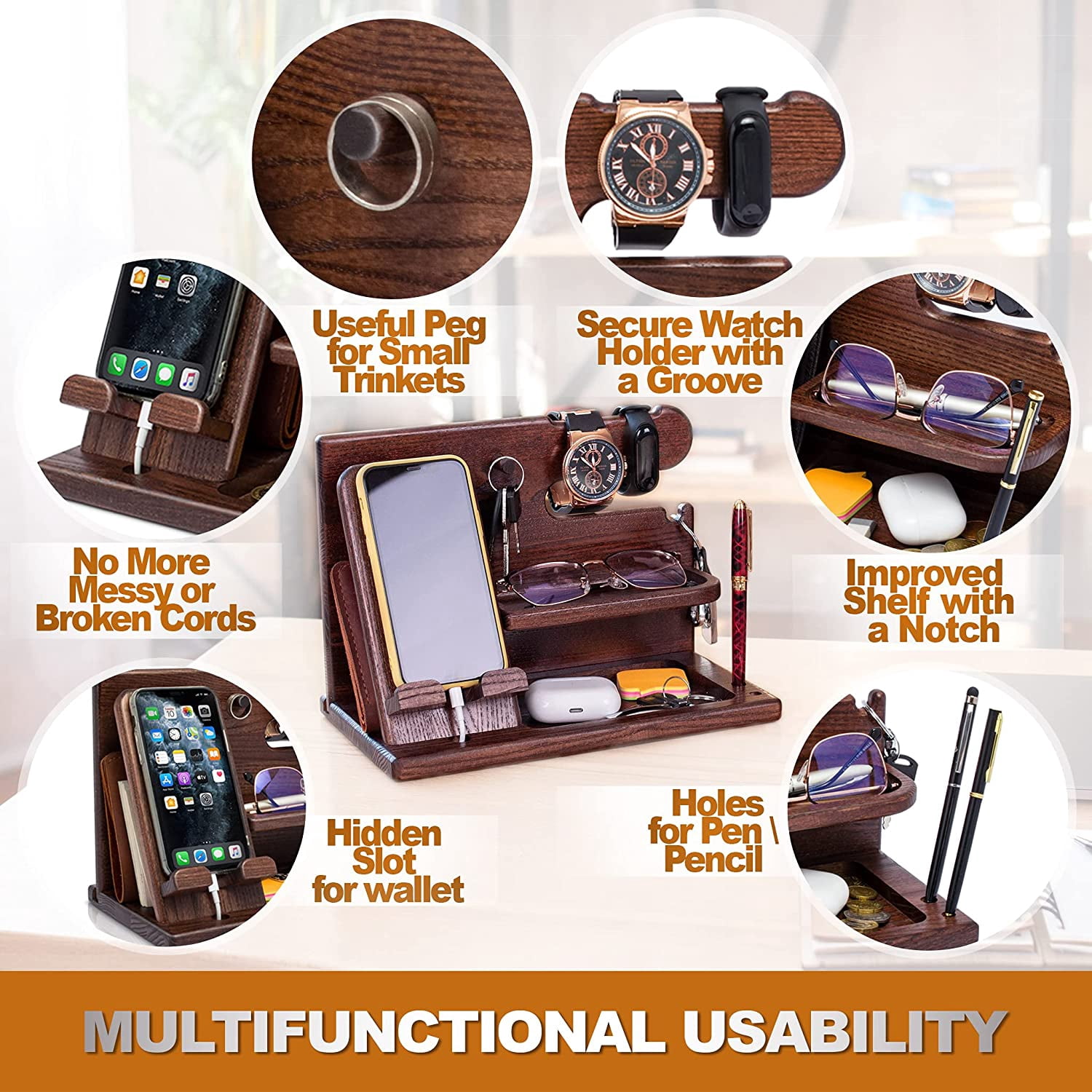 SONGAUN Gifts for Men Wood Phone Docking Station Desk Organizer Fathers gifts Gifts for him Xmas gift Anniversary Birthday presents Nightstand Key Wallet Stand for Men, Boyfriend, Dad